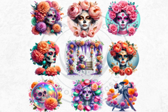 Pastel Floral Day of the Dead Clipart PNG Set v2,sugar skull Product Image 7