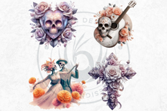 Pastel Floral Day of the Dead Clipart PNG Set, sugar skull Product Image 6