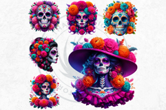 Vibrant Floral Day of the Dead Clipart PNG Set, sugar skull Product Image 4