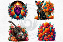Vibrant Floral Day of the Dead Clipart PNG Set, sugar skull Product Image 6