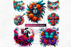 Vibrant Floral Day of the Dead Clipart PNG Set, sugar skull Product Image 8