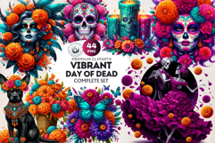 Vibrant Floral Day of the Dead Clipart PNG Set, sugar skull Product Image 1