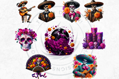 Vibrant Floral Day of the Dead Clipart PNG Set, sugar skull Product Image 9