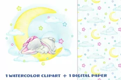 Baby elephant watercolor clipart, digital paper JPG, girl wa Product Image 1