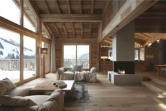 Modern open plan wooden chalet interior with fireplace offer Product Image 1