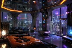 Futuristic cyberpunk apartment interior at night Product Image 1