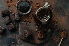 Decadent chocolate brownies and sauce on rustic table Product Image 1