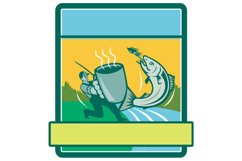 Fly Fisherman Catching Salmon Mug Rectangle Retro Product Image 1