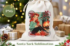 Retro Christmas Girl Santa Sack, Christmas Fireplace PNG Product Image 1