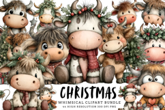 Whimsical Christmas Highland Cow Clipart Bundle | Cute Holid Product Image 1