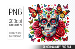 Sugar Skull Clipart PNG, Sublimation Skull Flowers Product Image 1