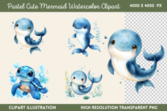 Pastel Cute Mermaid Watercolor Clipart Bundle PNG Product Image 14