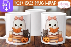 Cute Halloween mug wrap PNG, Book lover mug template Product Image 2