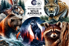 Watercolor Wild Animals Clipart, Forest Wildlife PNG Bundle Product Image 1