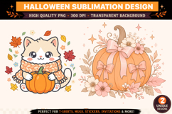 Kawaii Cat Pumpkin &amp; Floral Pumpkin Sublimation PNG | Autumn Product Image 1