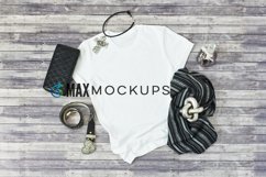 White shirt mockup, women black silver accents flatlay stock Product Image 1