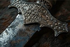Detailed view of an elaborately carved medieval axe on a dar Product Image 1