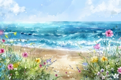 Painting of a Beach Scene with Flowers Background Wallpaper Product Image 1