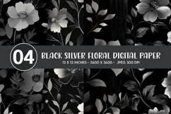 Black Silver Floral Digital Paper Product Image 1