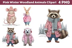 Pink Winter Woodland Animals Clipart PNG Product Image 1