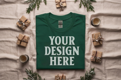 Gildan 5000 Forest Green Folded Christmas Mockup, G5000 mock Product Image 1