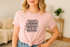 Women Pink Knotted T-Shirt Mockup PSD JPG Product Image 1
