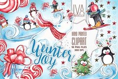 Winter Christmas Clipart, Watercolor Penguins Winter Joy Product Image 1