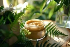 Opened jar of organic face cream surrounded by green plants Product Image 1