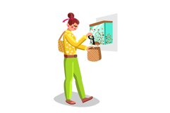 Woman Filling Flakes In Zero Waste Bag Vector Product Image 1