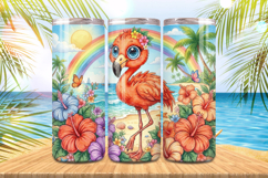 Cute flamingo in beach with flowers Tumbler Wrap PNG Sublima Product Image 1