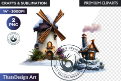 Watercolor Winter Landscape Snowy Cabin Illustration png Product Image 1