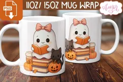 Cute Halloween mug wrap PNG, Book lover mug template Product Image 3