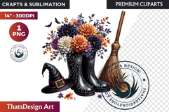 Halloween Floral Rain Boots - Cute Witchy Garden Clipart PNG Product Image 1