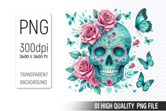 Sugar Skull Clipart PNG, Sublimation Skull Flowers Product Image 1