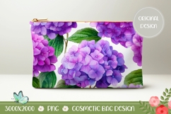 Purple Flowers Cosmetic Bag, Hydrangea Cosmetic Bag Print Product Image 1