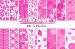 Pink Floral digital paper, Fuchsia Floral pattern Flowers Dhalia Leaves Damask Calico background, Instant Download Personal &amp; Commercial Use Product Image 1