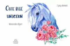 Cute blue unicorn clipart Watercolor Product Image 1