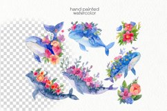 Watercolor Whales in Flowers Clipart - PNG Files Product Image 2