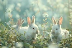 Serene rabbits in misty meadow Product Image 1
