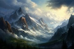 Dramatic sunrise over rugged mountain peaks with misty valle Product Image 1