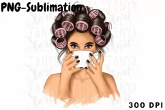 Brunette Woman With Curlers |Png File Coffee Product Image 1