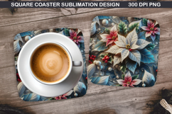 Poinsettias Coaster Sublimation, Christmas Coaster PNG Product Image 1