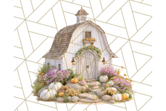Fall Barn Clipart PNG With Pumpkins and Flowers, Autumn Png Product Image 4