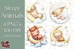 Sleeping Baby Animals PNG, Moon and Stars Nursery Clipart Product Image 1