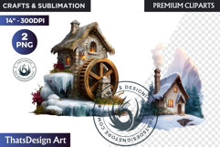 Watercolor Winter Landscape Snowy Cabin Illustration png Product Image 1