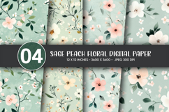 Sage Peach Floral Digital Paper Product Image 1