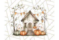 Watercolor Halloween Cottage Clipart, Ghosts &amp; Pumpkins Png Product Image 4