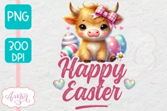 Happy Easter sublimation PNG, Cute highland cow PNG design Product Image 1