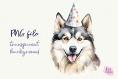 Birthday Husky Clipart Watercolor in a Party Hat PNG Product Image 1
