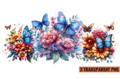 Watercolor Butterflies With Flowers Clipart PNG , Product Image 1